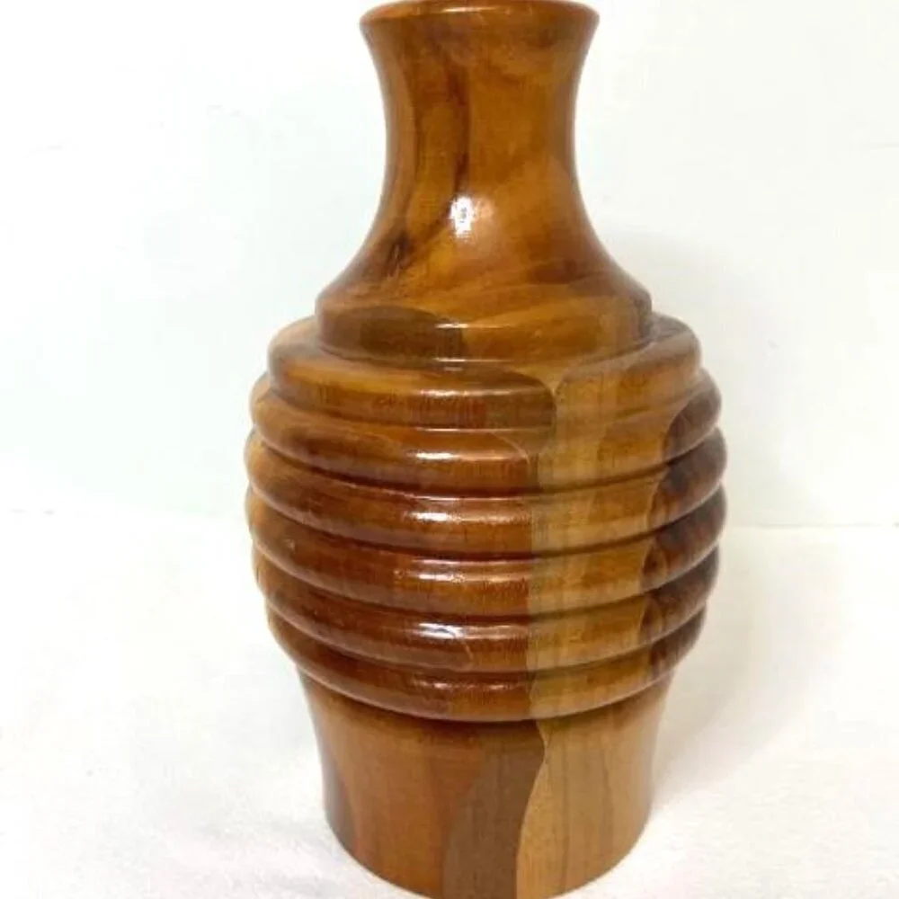 Wood Vase Handcrafted Jamaica Segmented Browns‎ Greens Neutral Signed 2006 10